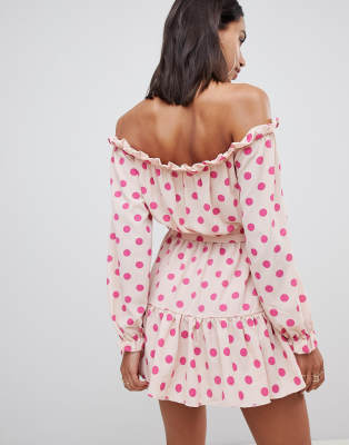 dusty pink polka dot bardot tie waist shift dress