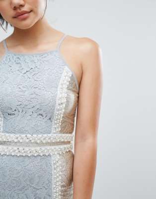 luci pale blue premium high neck jacquard lace panel mini dress