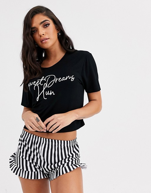 PrettyLittleThing pyjama set with sweet dreams hun slogan in black