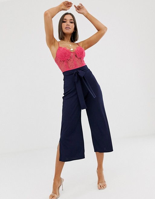 PrettyLittleThing ribbed culotte with tie waist and split hem in navy