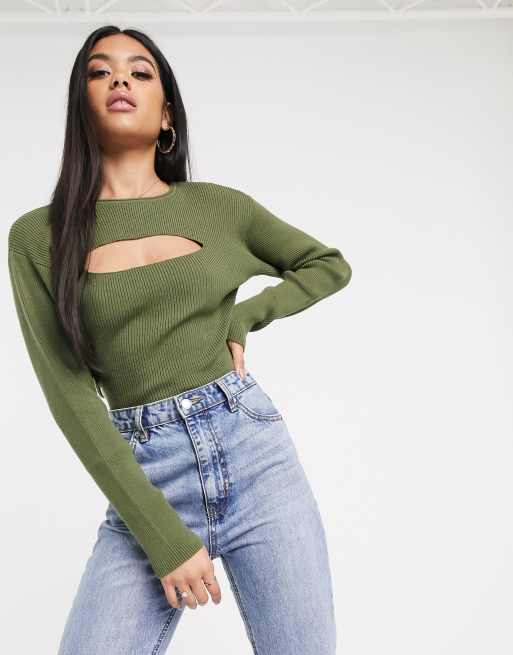 PrettyLittleThing ribbed jumper with cut out in khaki