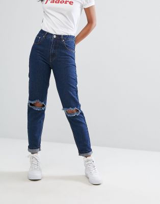 dark blue ripped mom jeans