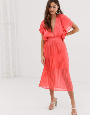 coral pleated midi dress