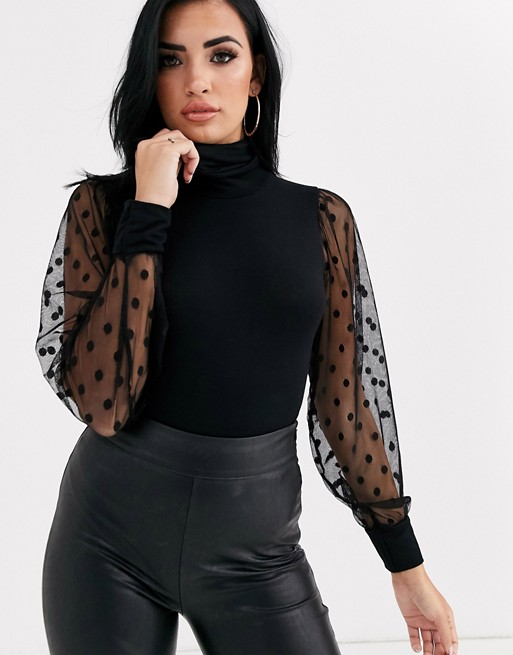 PrettyLittleThing roll neck body with mesh sleeves in black | ASOS