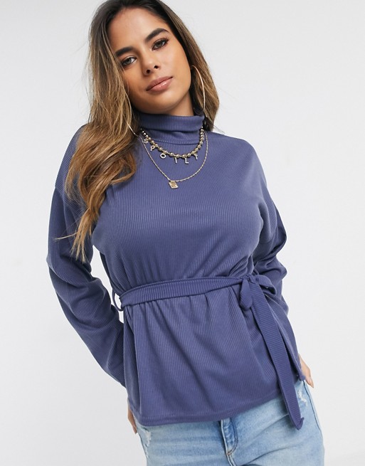 PrettyLittleThing roll neck top with tie waist in blue