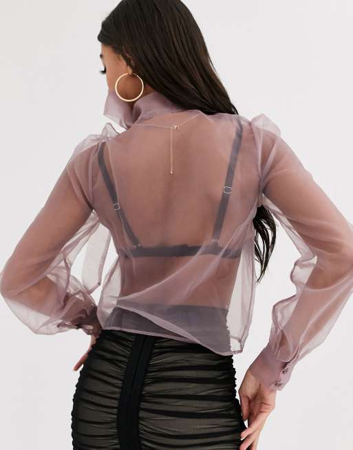 PrettyLittleThing – Rosa organzablus med knytning i halsen, 2 av 4