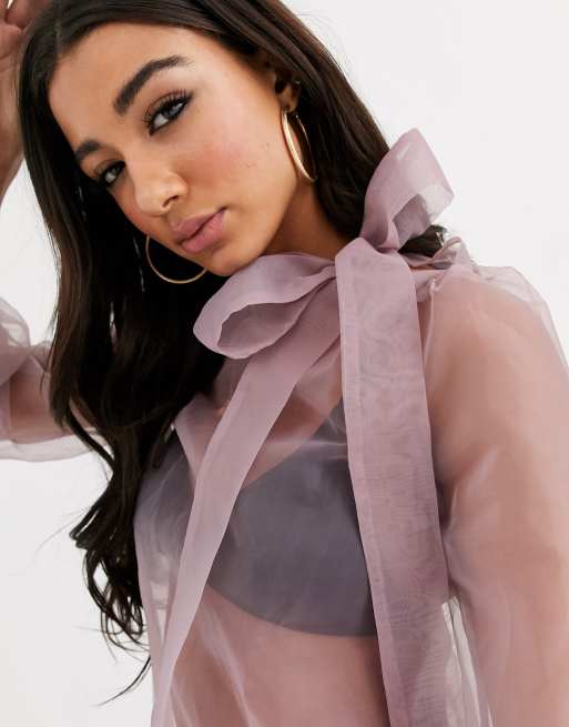 PrettyLittleThing – Rosa organzablus med knytning i halsen, 3 av 4
