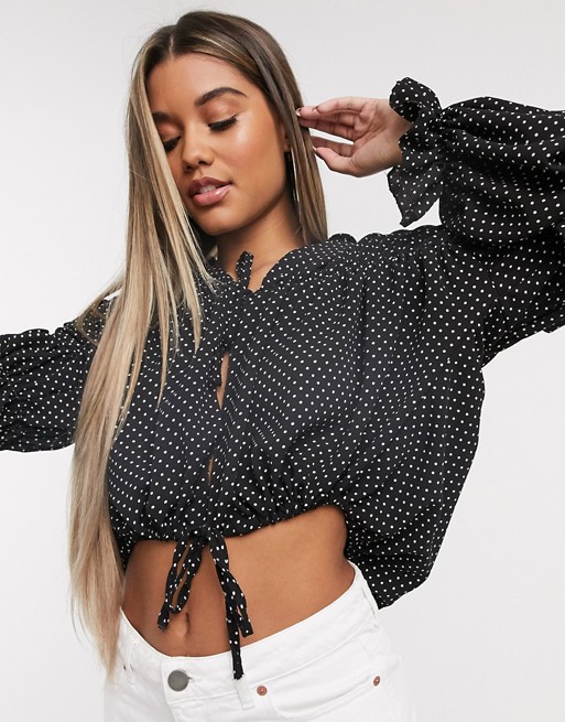 PrettyLittleThing ruched blouse in black polka dot