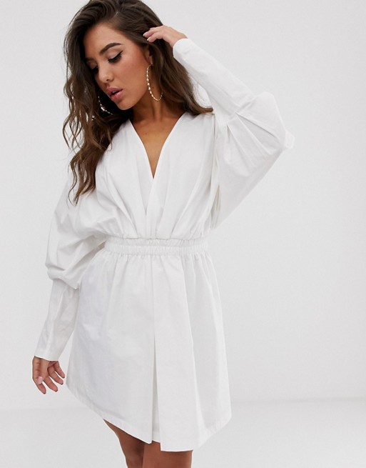 PrettyLittleThing ruched mini shirt dress in white