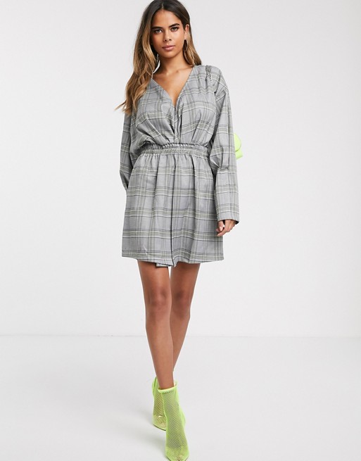 PrettyLittleThing ruched shirt dress in grey check