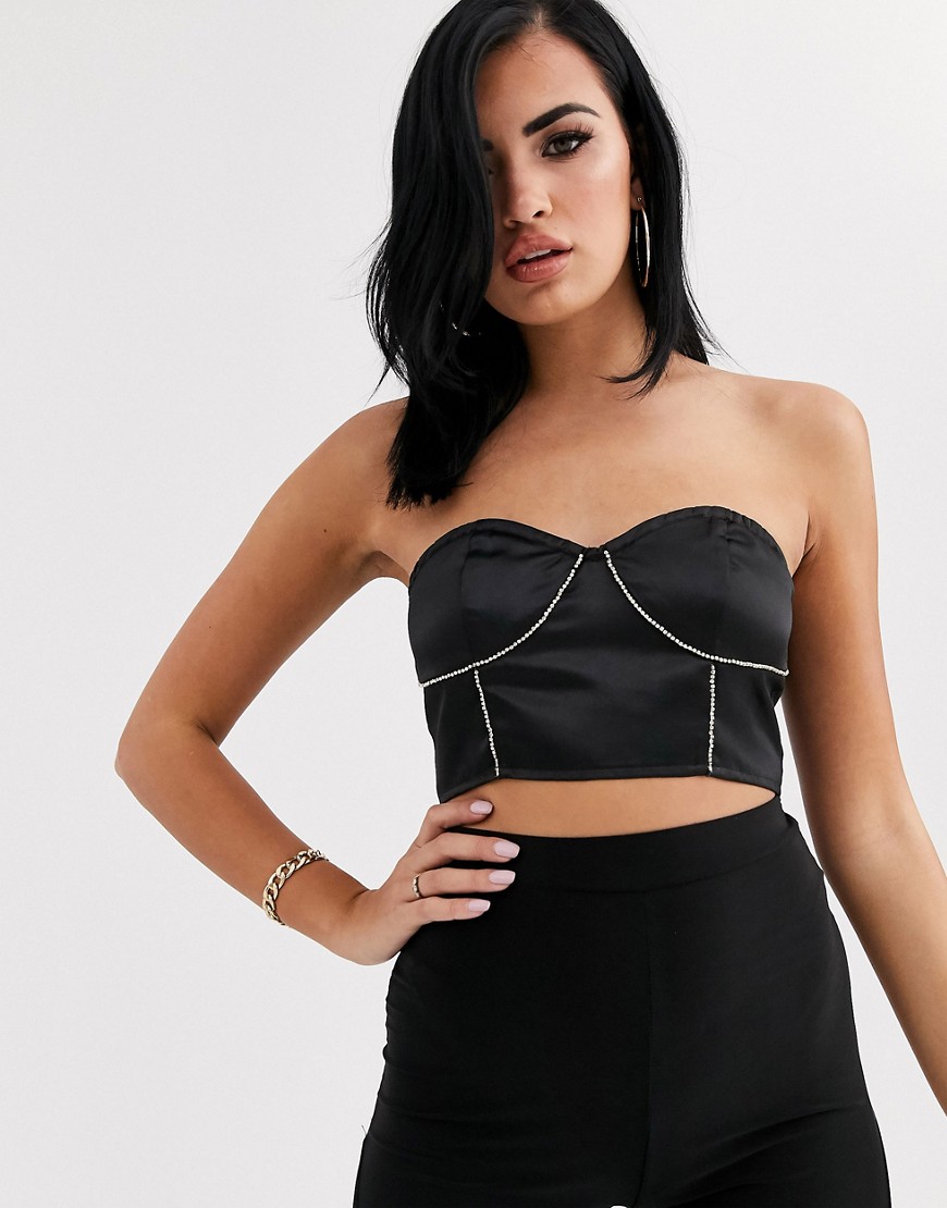 PrettyLittleThing satin bandeau top with diamante trim in black