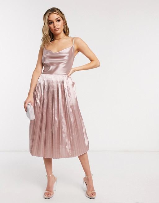 PrettyLittleThing satin pleated midi dress with cowl neck in blush
