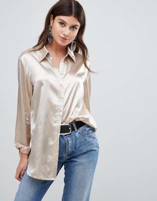 satin shirt and jeans