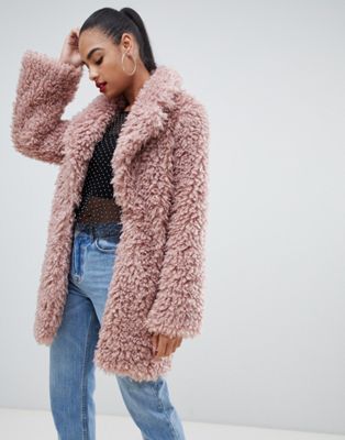 PrettyLittleThing shaggy teddy oversized coat in pink
