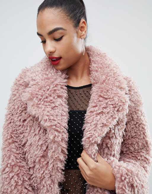 PrettyLittleThing shaggy teddy oversized coat in pink ASOS