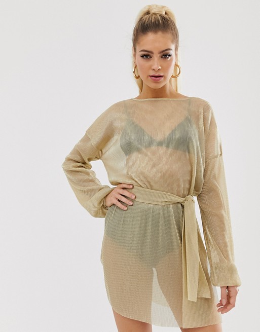 PrettyLittleThing sheer shift dress with belted waist in gold