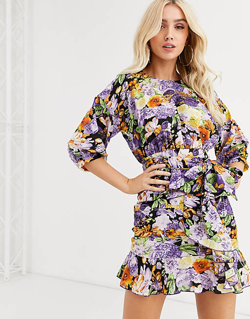 PrettyLittleThing shift dress with ruffle hem and belted waist in ...