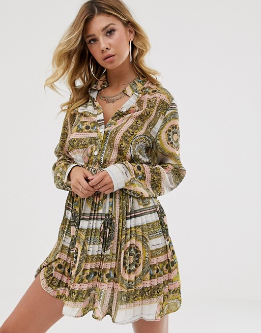 PrettyLittleThing shirt dress with pleated skirt in scarf print