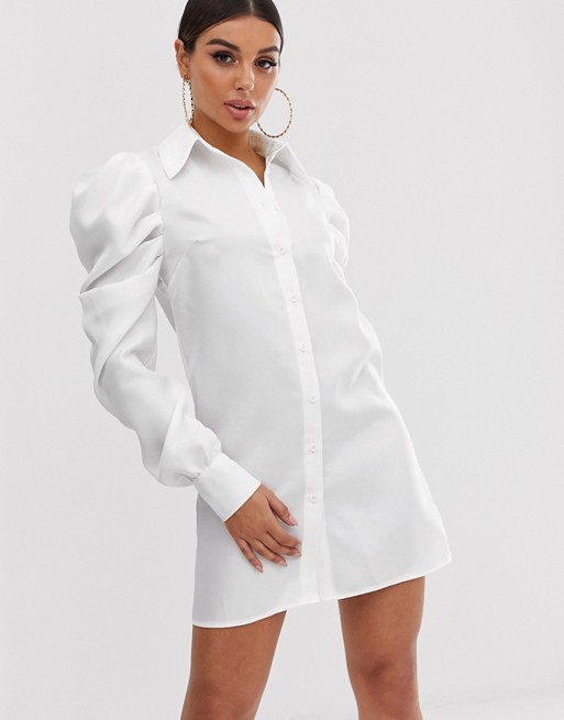 PrettyLittleThing shirt dress with puff sleeve in white