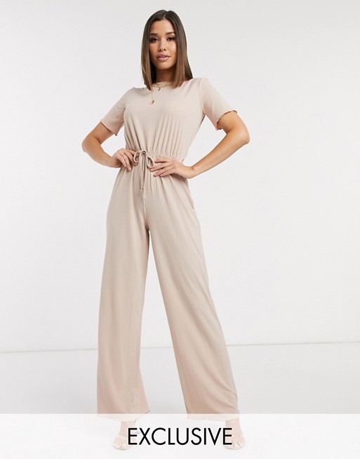 PrettyLittleThing short sleeve jumpsuit in stone