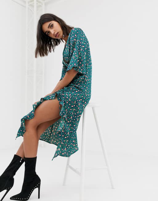 Prettylittlething side split ruched satin midi dress on sale in teal leopard