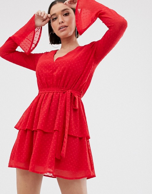 PrettyLittleThing skater dress with v neck and frill detail in red dobby mesh