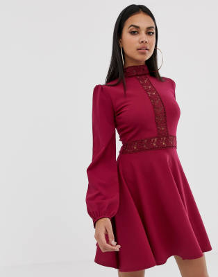 PrettyLittleThing skater mini dress with lace panel detail in burgundy