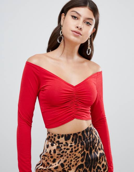 Red ruched store crop top