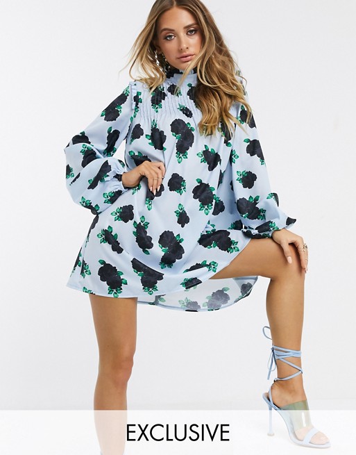 PrettyLittleThing smock mini dress with puff sleeves in blue floral