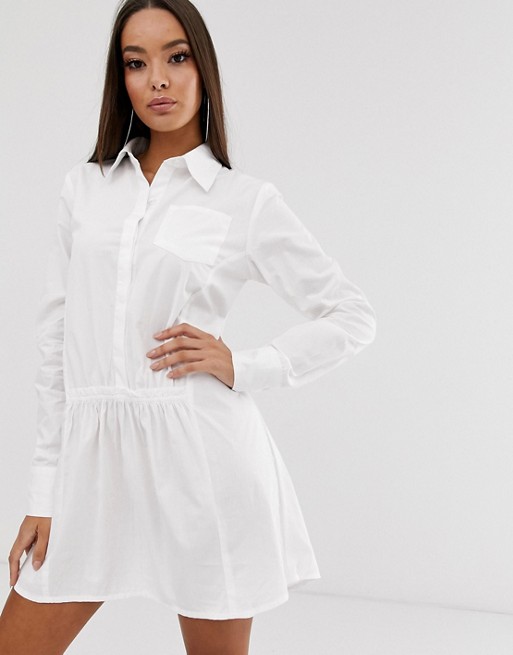 PrettyLittleThing smock shirt dress with pleat detail in white