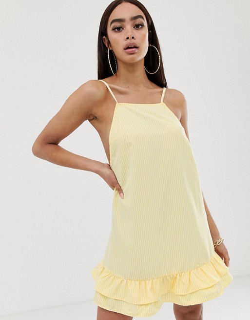 PrettyLittleThing square neck mini dress with frill hem in yellow stripe