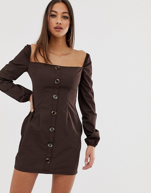 PrettyLittleThing square neck mini dress with puff sleeve in chocolate ...