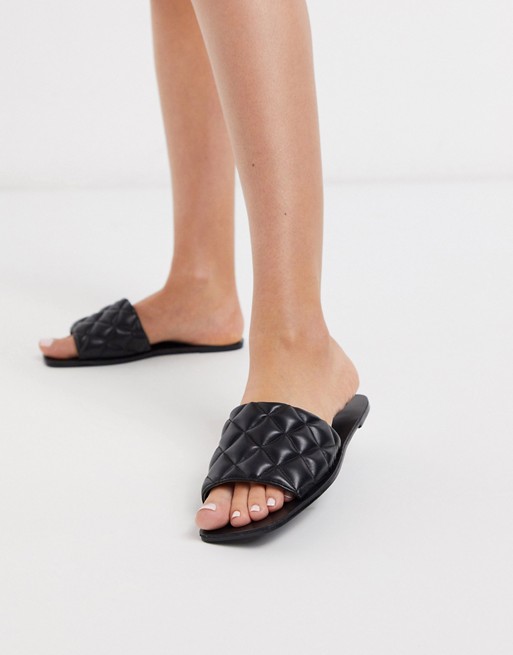 PrettyLittleThing square toe flat mule with quilted detail in black