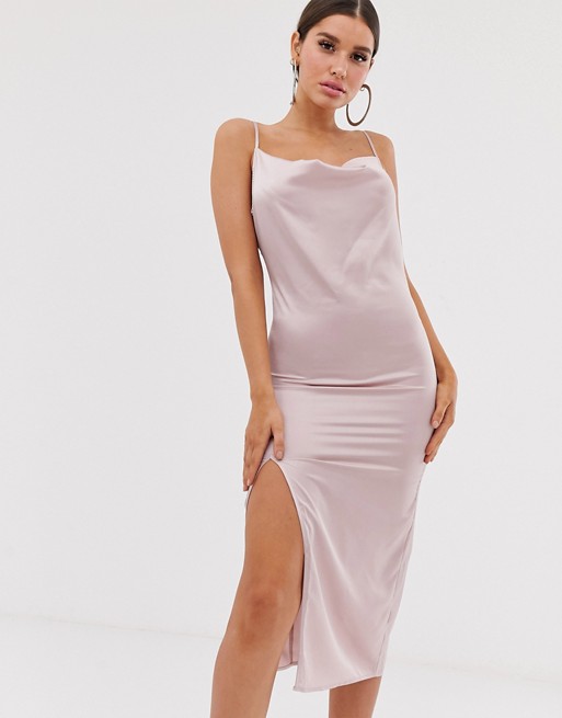 PrettyLittleThing strappy midi dress with cowl neck in lilac satin