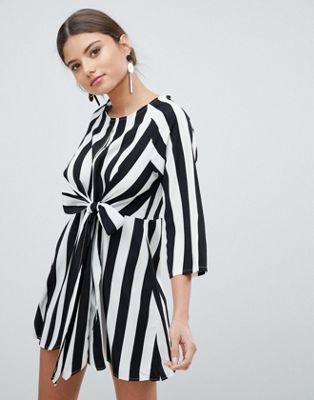 PrettyLittleThing Stripe Key Hole Tie Front Dress