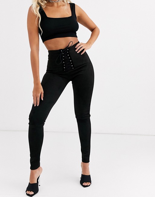 PrettyLittleThing suedette leggings with corset lace up detail in black