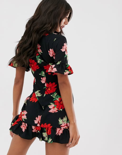PrettyLittleThing – Svart blommig miniklänning med korsettmidja, 2 av 4