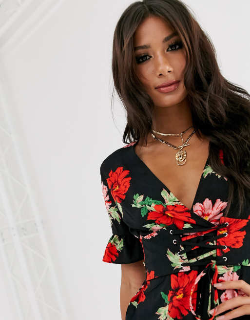 PrettyLittleThing – Svart blommig miniklänning med korsettmidja, 3 av 4