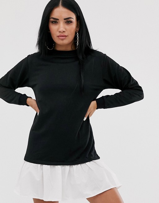 PrettyLittleThing sweater dress with poplin frill detail in black