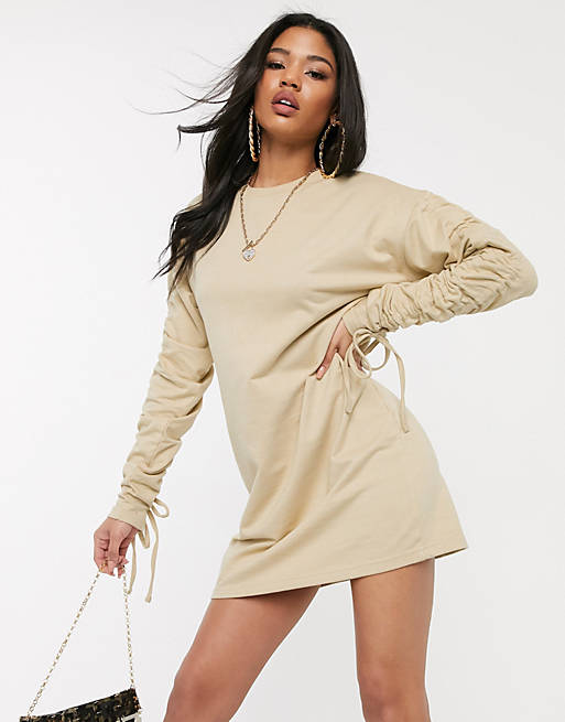 PrettyLittleThing sweater dress with ruched sleeves in camel | ASOS