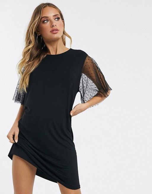 PrettyLittleThing t-shirt dress with dobby mesh sleeves in black