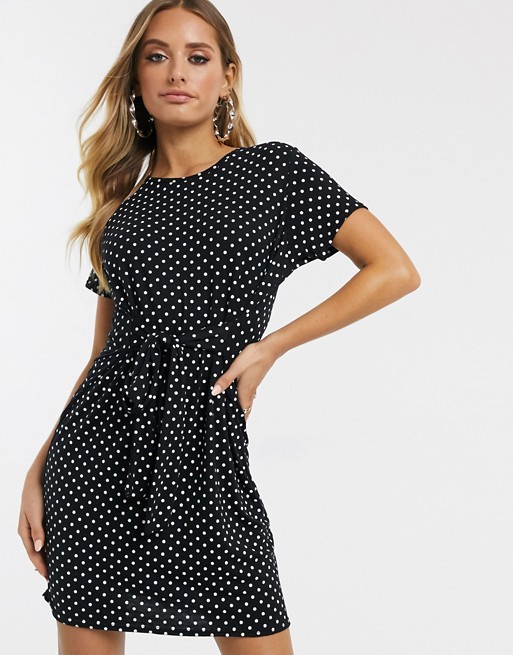 PrettyLittleThing t-shirt dress with tie waist in black polka dot