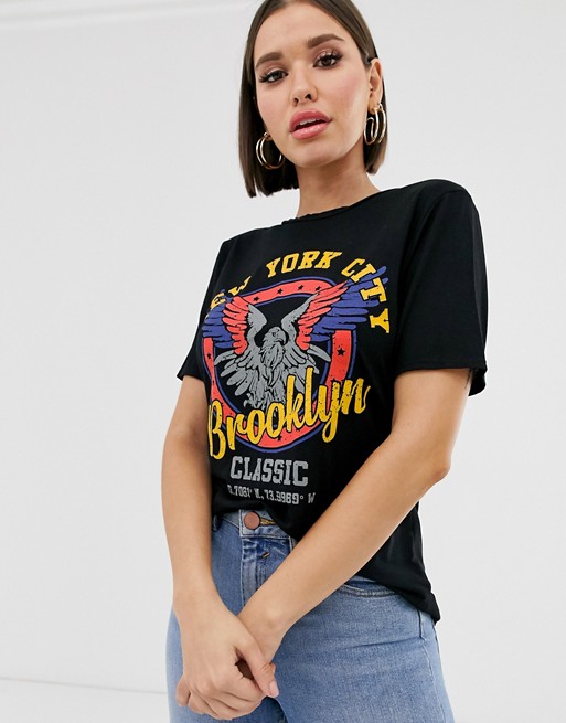 PrettyLittleThing t-shirt with Brooklyn slogan in black