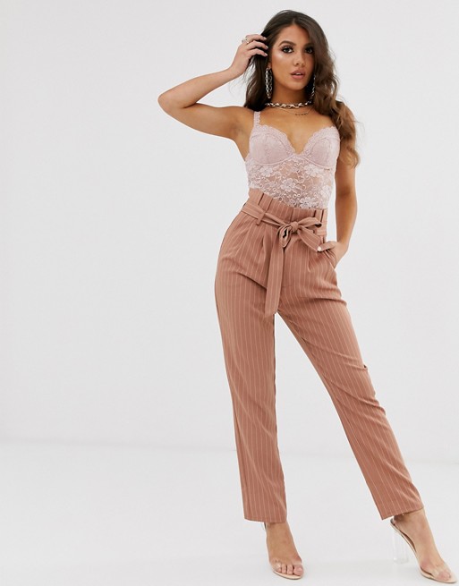 PrettyLittleThing tapered trousers with paper bag waist in terracotta