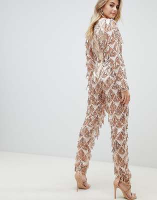 Rose gold tassel sequin 2025 plunge jumpsuit