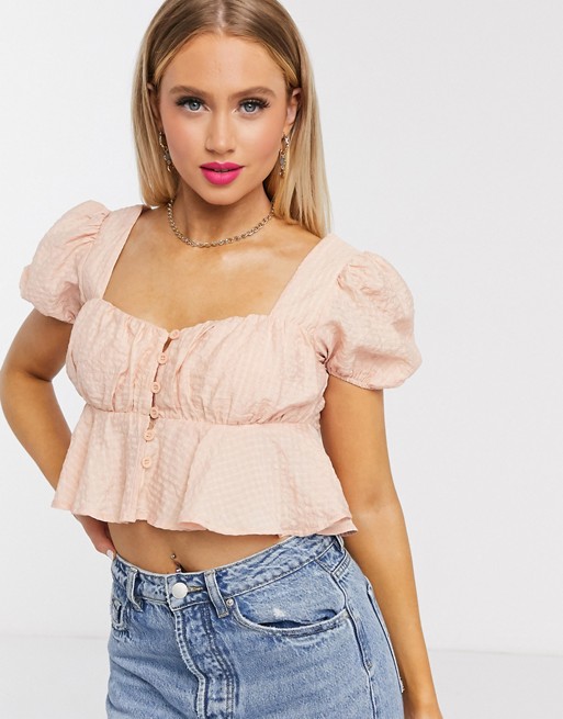 PrettyLittleThing textured button front puff sleeve crop top in pink