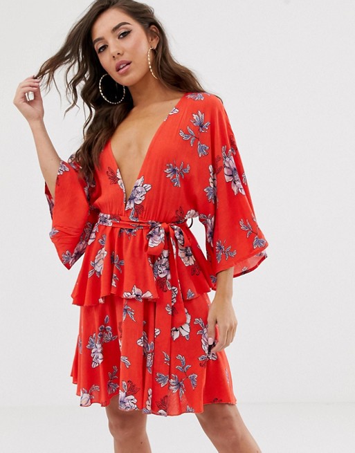 PrettyLittleThing tiered mini dress with plunge neck and kimono sleeve in red floral
