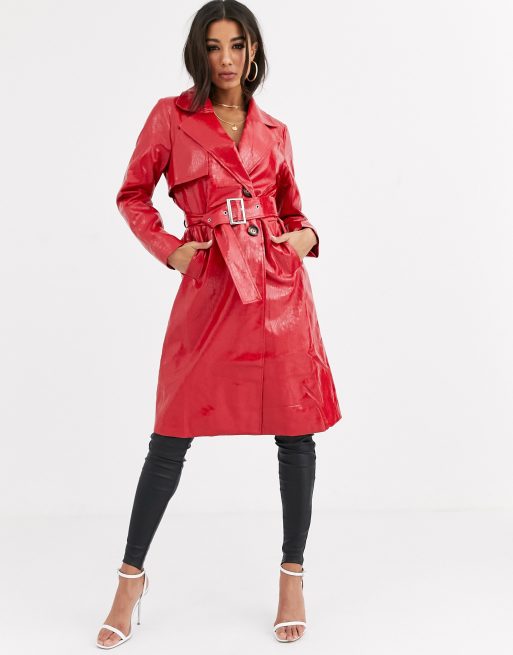 PrettyLittleThing trench coat in red croc vinyl