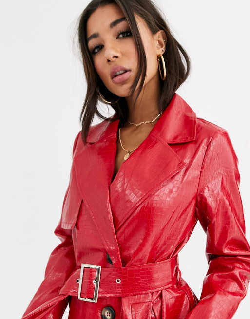 Long leather crocodile trench coat in red with belt – Catseven store