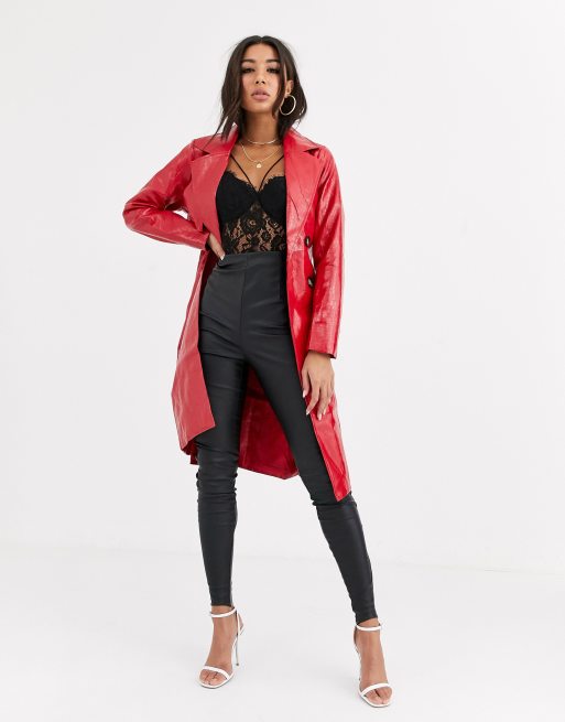 PrettyLittleThing trench coat in red croc vinyl